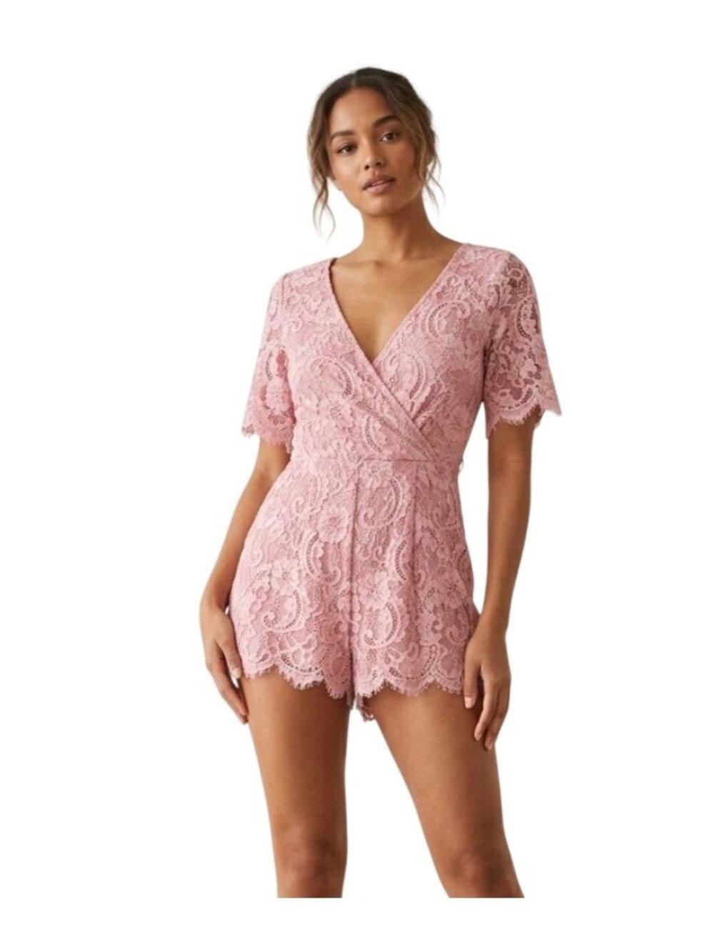 Francesca’s Lace Romper Medium Short Sleeve V-Neck Tie Back Pink Boho Feminine